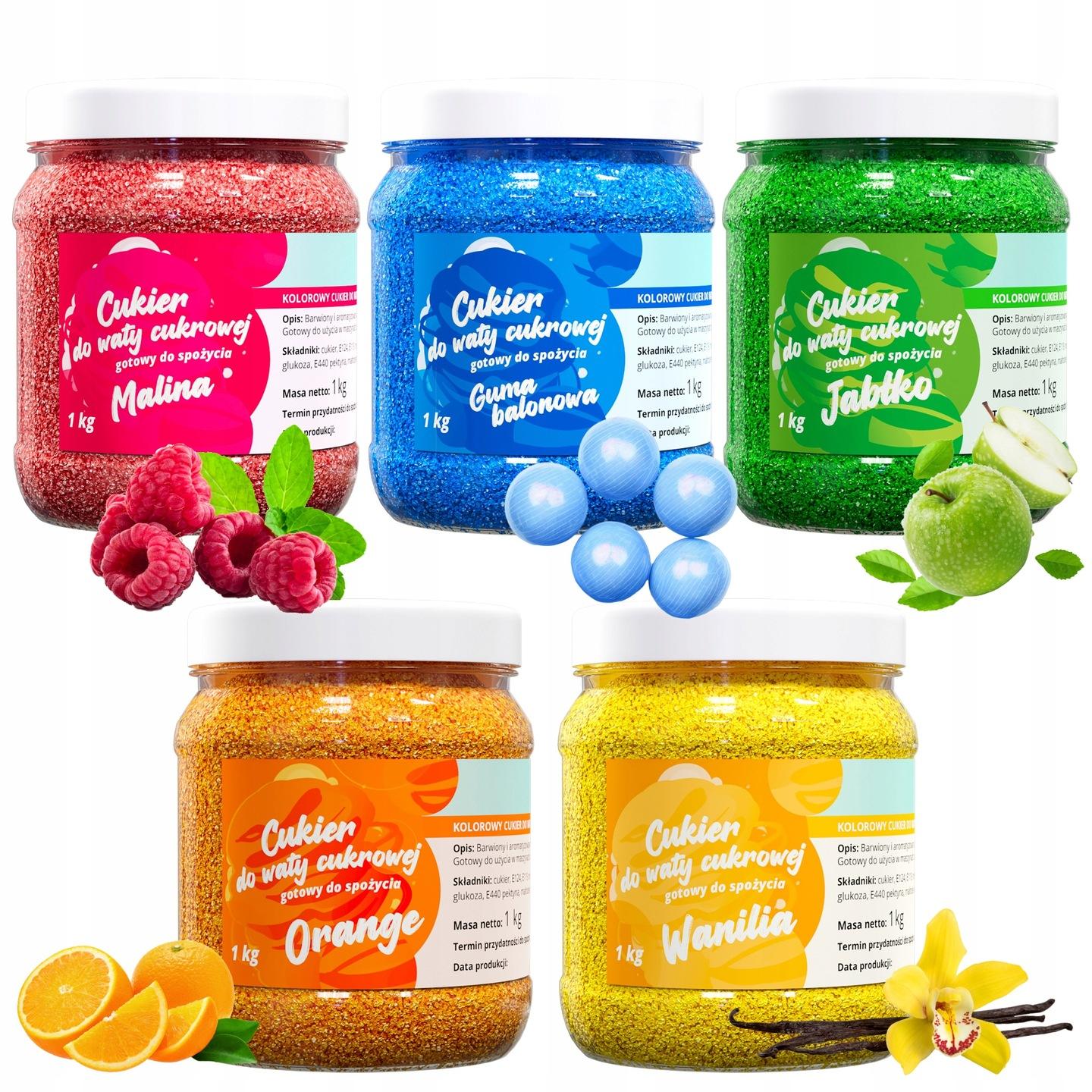 Kolorowy cukier do waty cukrowej 5x 1kg cukier smakowy mega mix kolorów