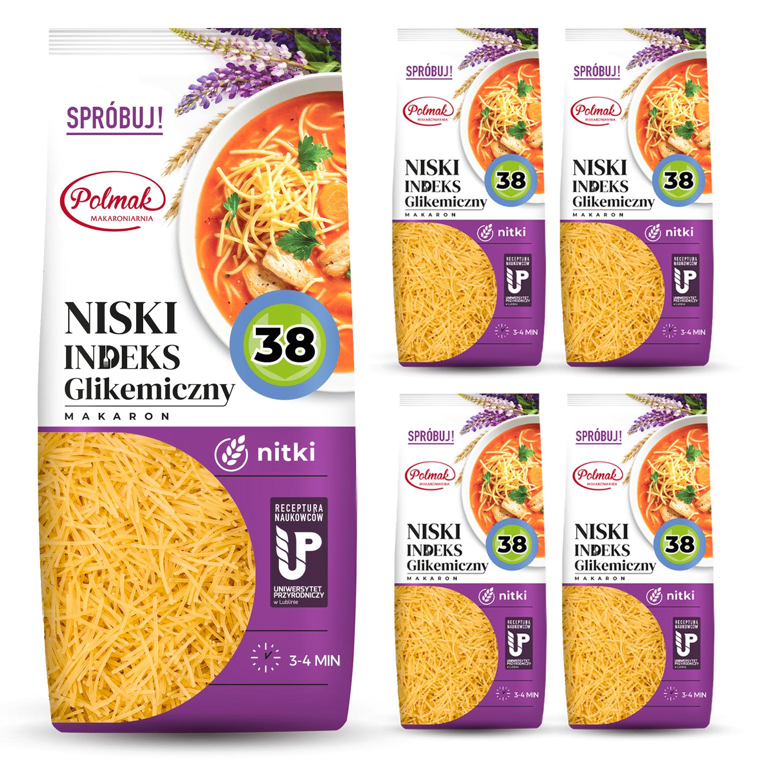 Makaron Nitki Niski IG 38 POLMAK 250g 5 sztuki