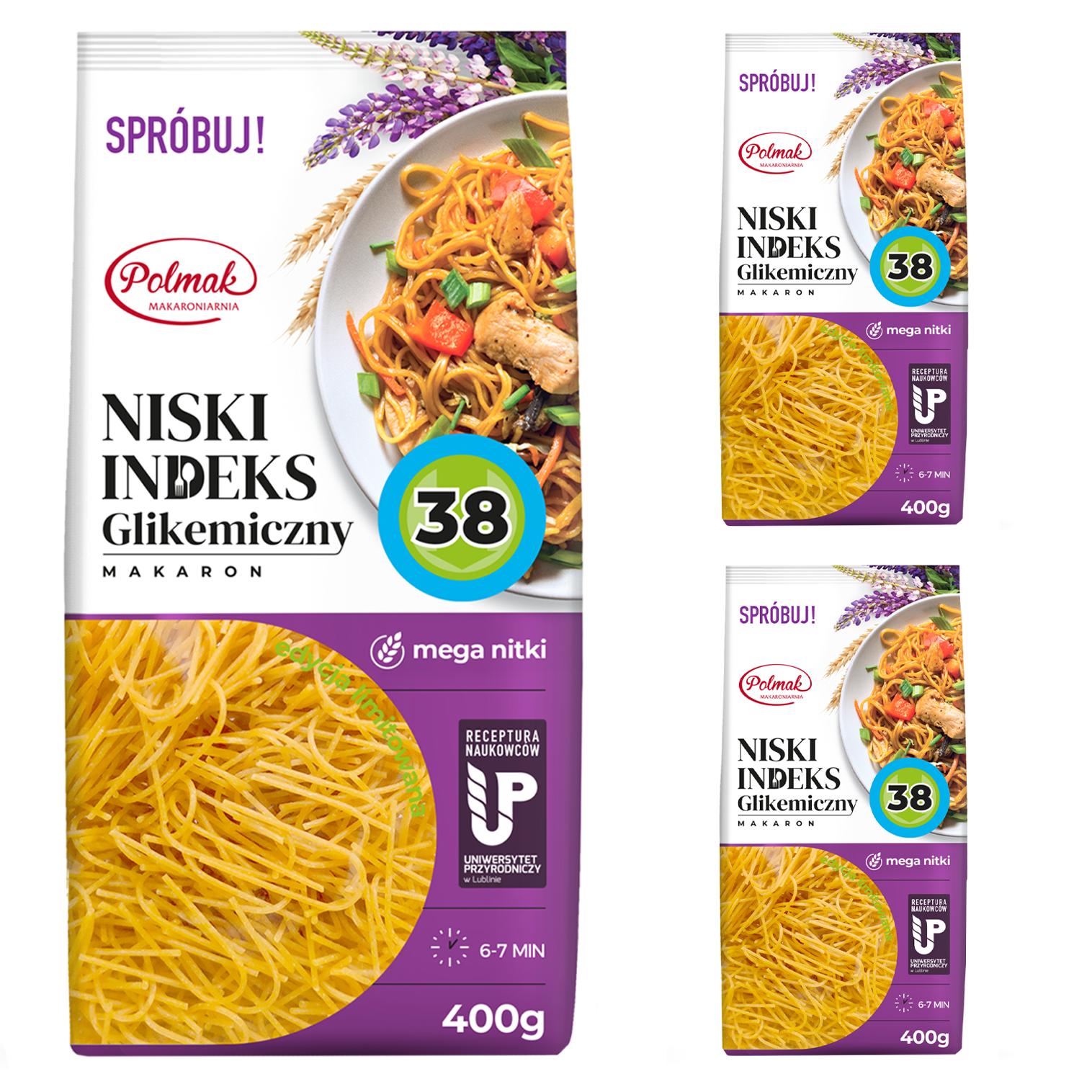 Makaron MEGA Nitki Niski IG 38 POLMAK 400g zestaw 3