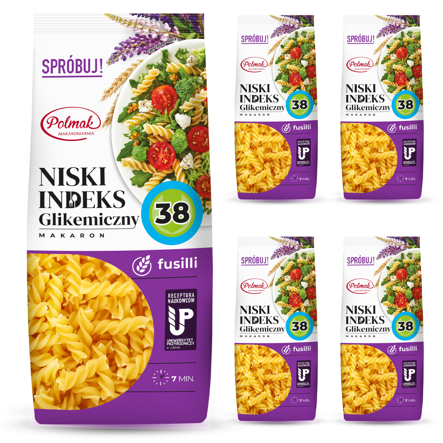 Makaron fusilli NISKI IG 38 POLMAK 250g 5 sztuk