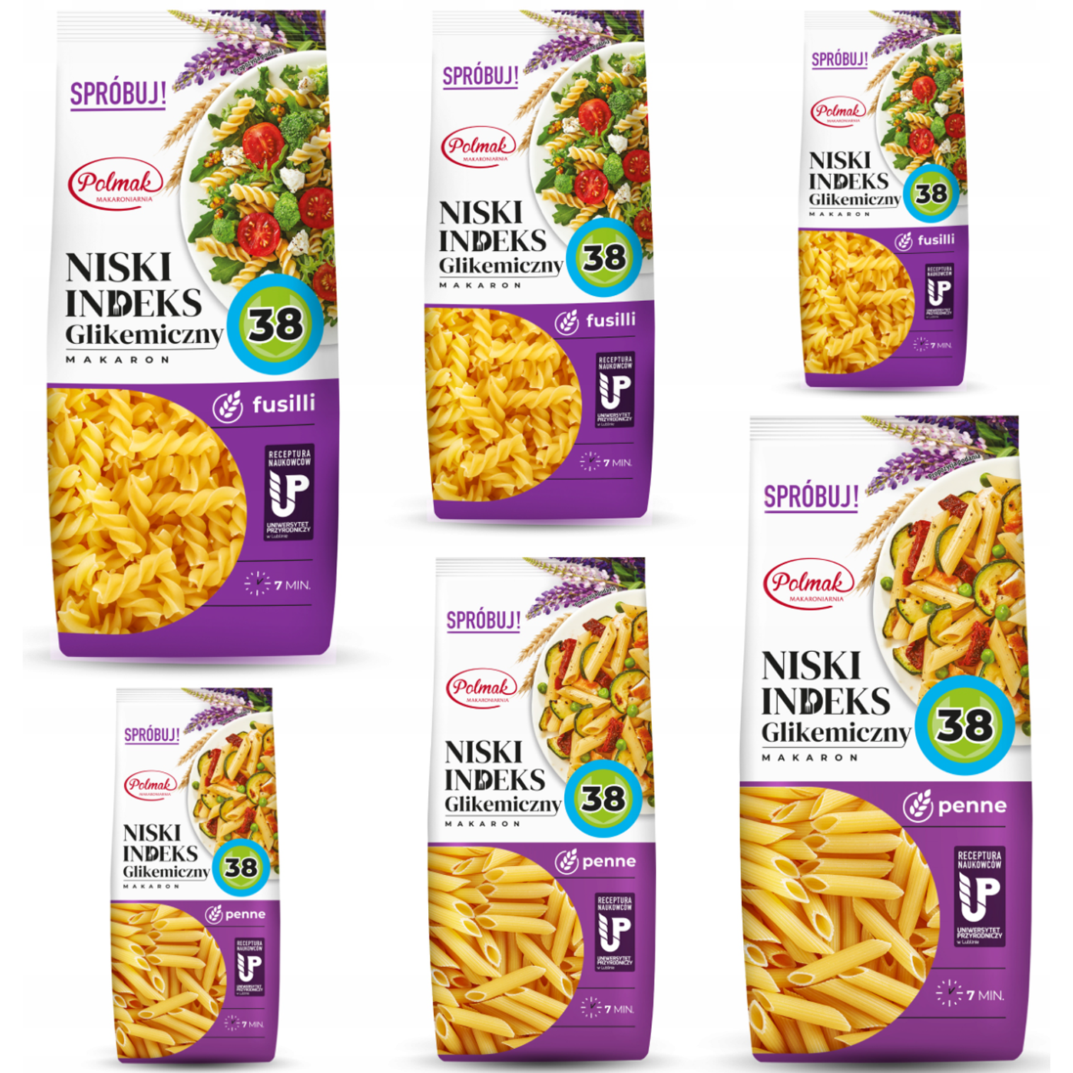 Makaron fusilli 250g 3 sztuki Makaron penne 250g 3 sztuki NISKI IG 38 POLMAK